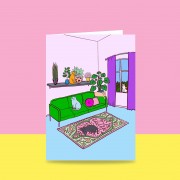 Greeting Card | Cats In Lounge With Big Mat And Green Couch